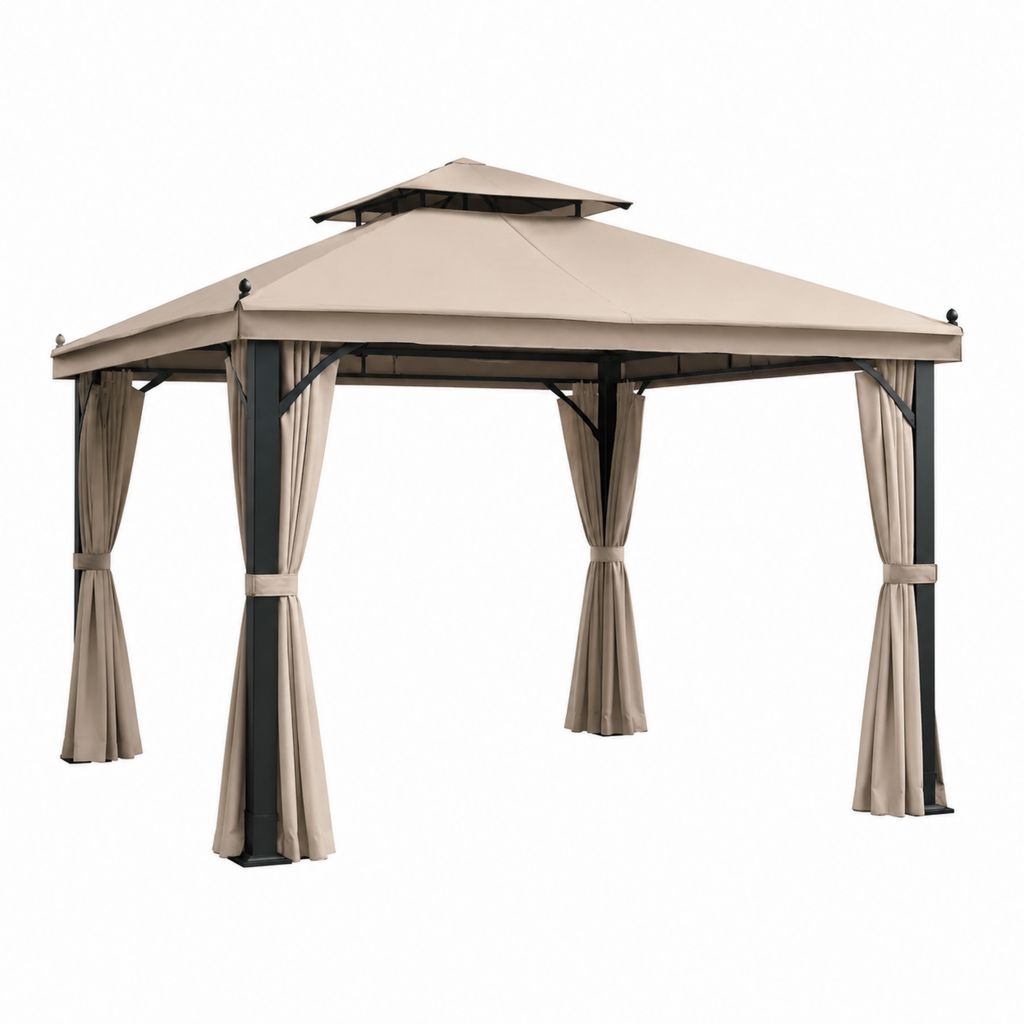 Gazebo da giardino con tende beige e struttura in acciaio 300 x 300 x 270 cm