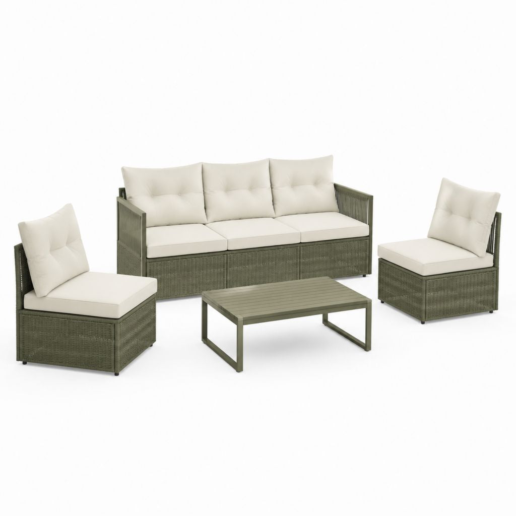 Set salotto da giardino 4 pezzi grigio e crema in rattan PE acciaio verniciato a polvere con divano 3 posti 180 x 70 x 60 cm
