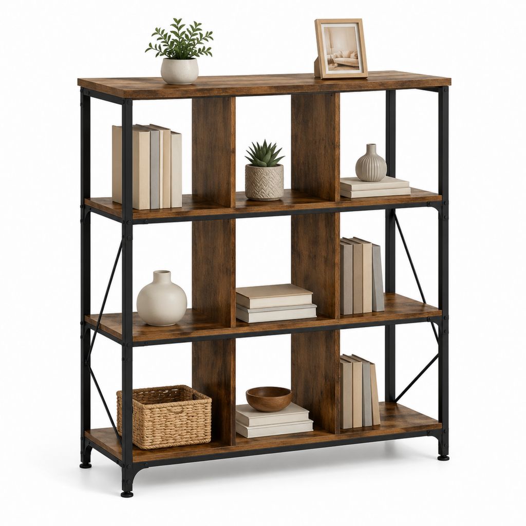 Libreria a 4 ripiani marrone scuro e nero in pannello truciolare e acciaio 120 x 35 x 120 cm