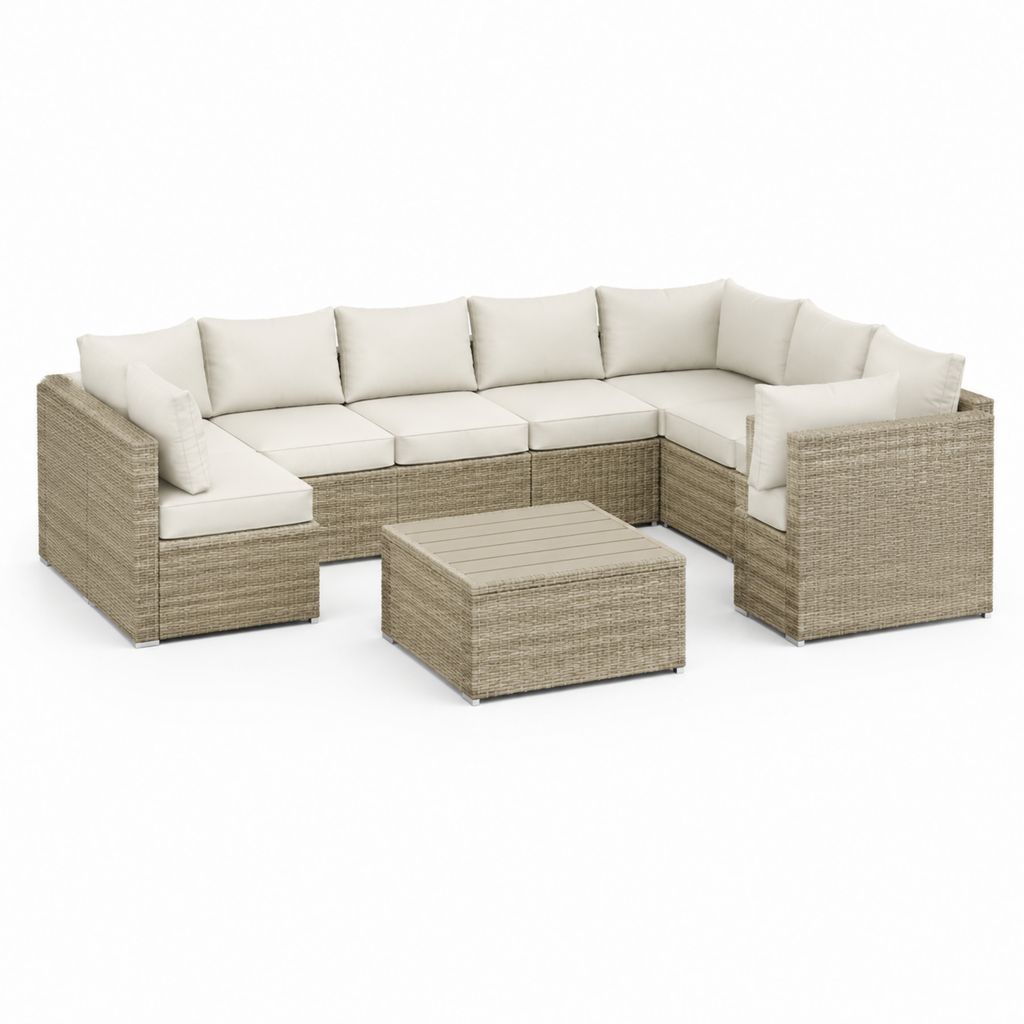 Set divani da giardino angolare 7 pezzi beige in rattan PE con cuscini e tavolino 280 x 210 x 63 cm