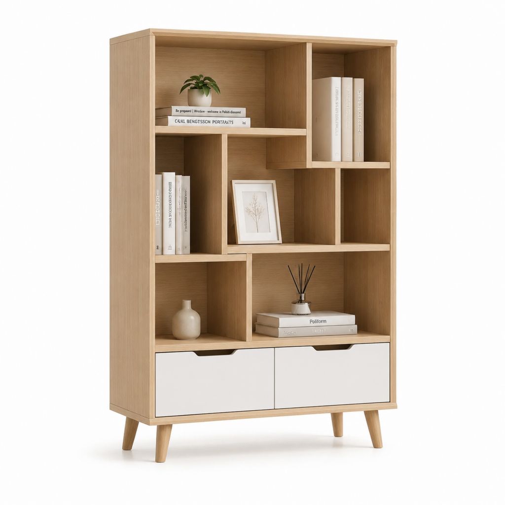 Libreria alta con ante bianca e rovere chiaro in pannelli truciolari 180 x 80 x 30 cm