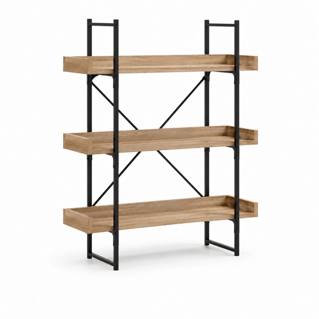 Libreria a 3 ripiani effetto rovere con struttura in acciaio nero 120 x 40 x 180 cm