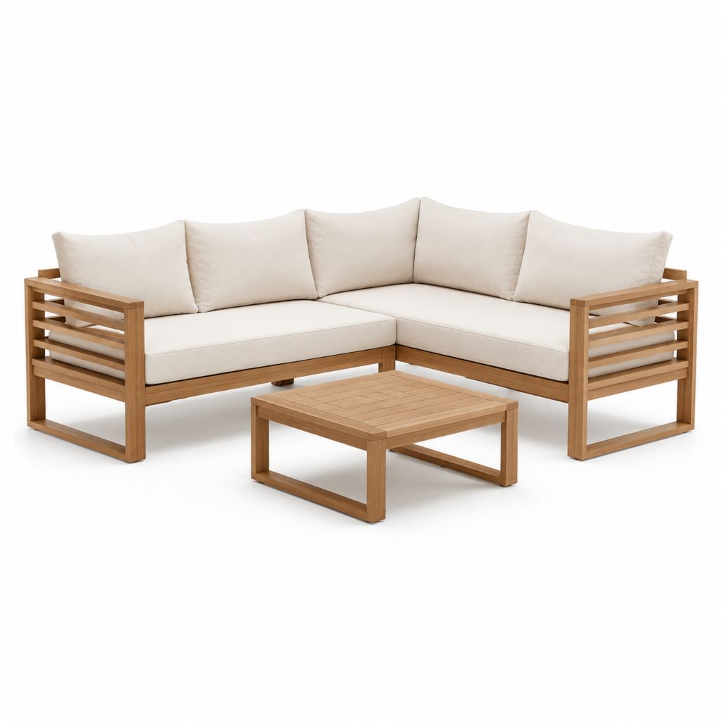 Set divano da giardino angolare 3 pezzi beige in legno massello di acacia 210 x 210 cm