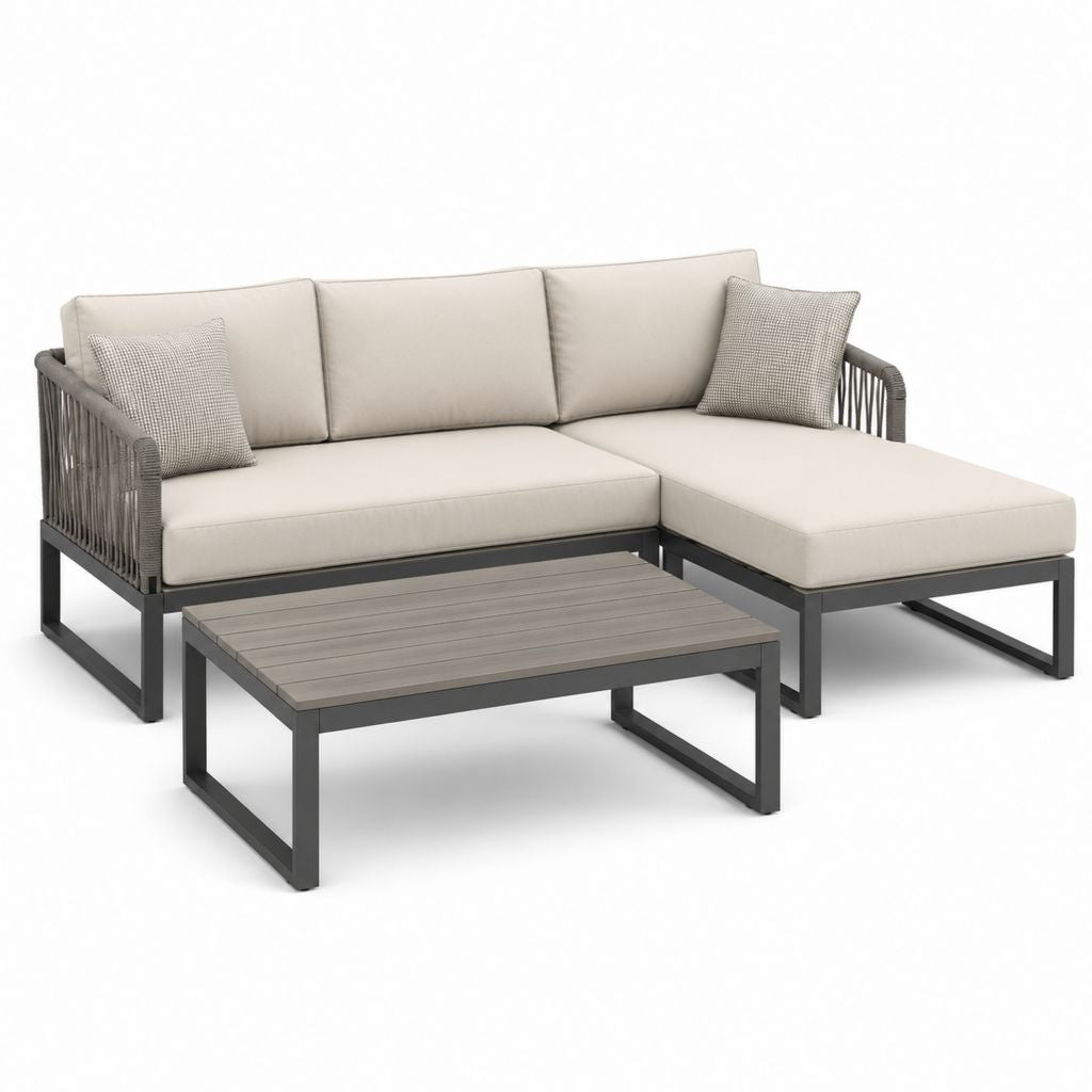 Set divano da giardino angolare con chaise longue e tavolino grigio antracite beige in alluminio e corda PP 220 x 150 x 65 cm