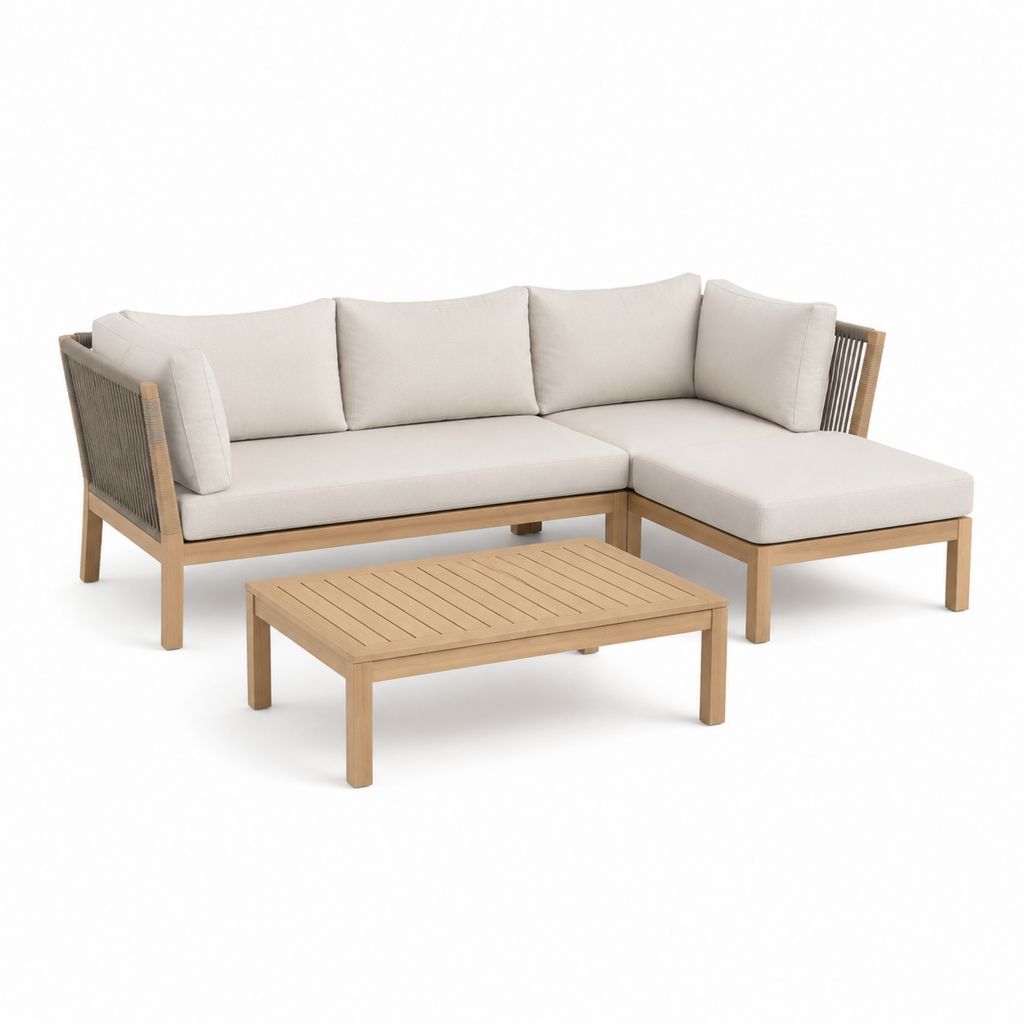 Set divano angolare da giardino con tavolino beige in legno massello di acacia e corda PP 220 x 150 x 75 cm