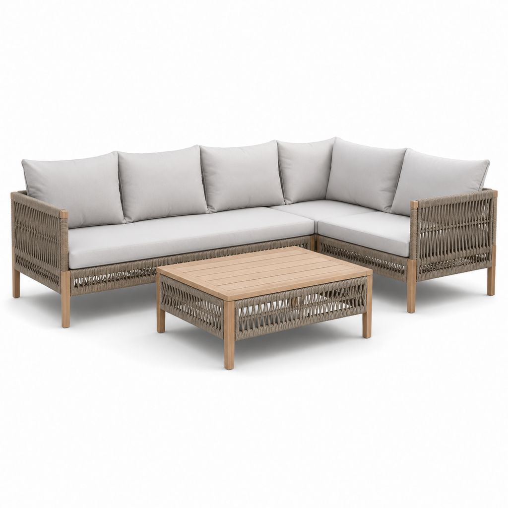 Set divano da giardino angolare con tavolino beige e naturale in legno massello di acacia e corda in polipropilene 220 x 150 x 75 cm