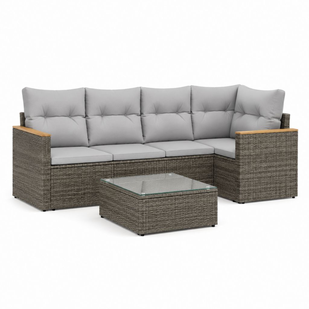 Salotto da giardino angolare 4 posti con tavolino grigio in rattan PE e vetro 220 x 180 x 85 cm
