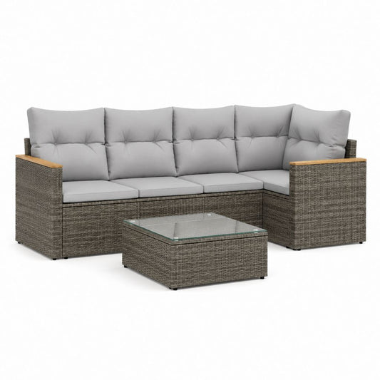 Salotto da giardino angolare 4 posti con tavolino grigio in rattan PE e vetro 220 x 180 x 85 cm