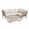 Set divano angolare da giardino 3 posti beige in alluminio e corda PE con tavolino 230 x 230 cm