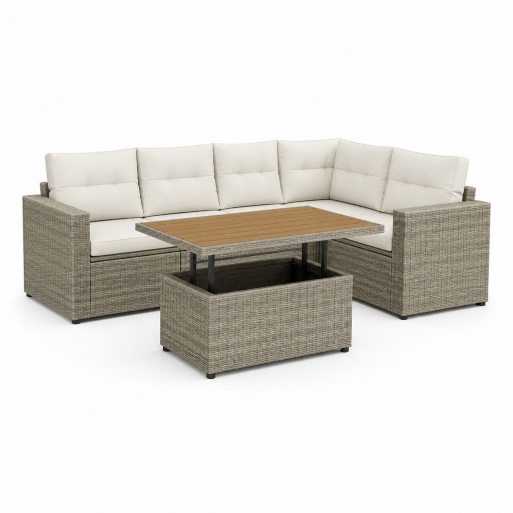Set divano angolare da giardino 5 posti grigio in rattan PE con tavolo regolabile 230 x 180 x 65 cm