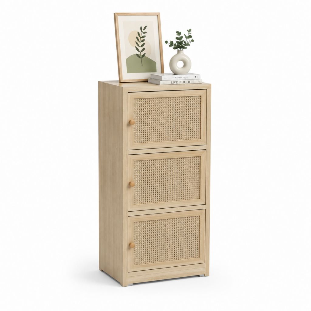 Armadio contenitore a 3 ante rovere chiaro e rattan 120 x 45 x 35 cm