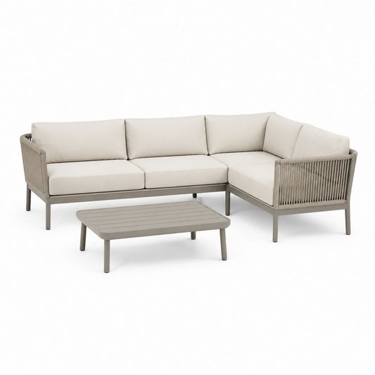 Set divano da giardino angolare 3 posti con tavolino beige e tortora in alluminio e corda PP 250 x 160 x 75 cm