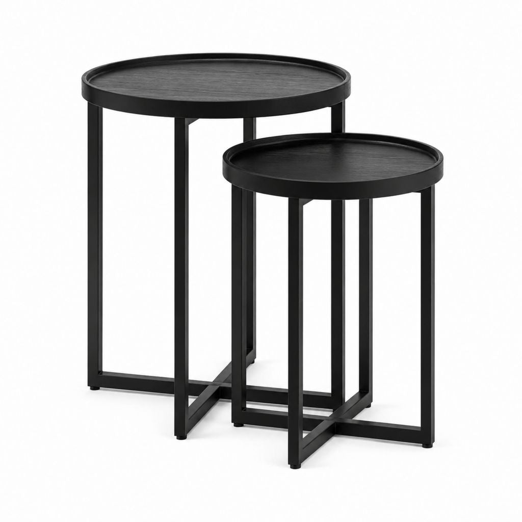 Set di 2 tavolini laterali rotondi neri in acciaio e MDF diametro 50 cm e 40 cm