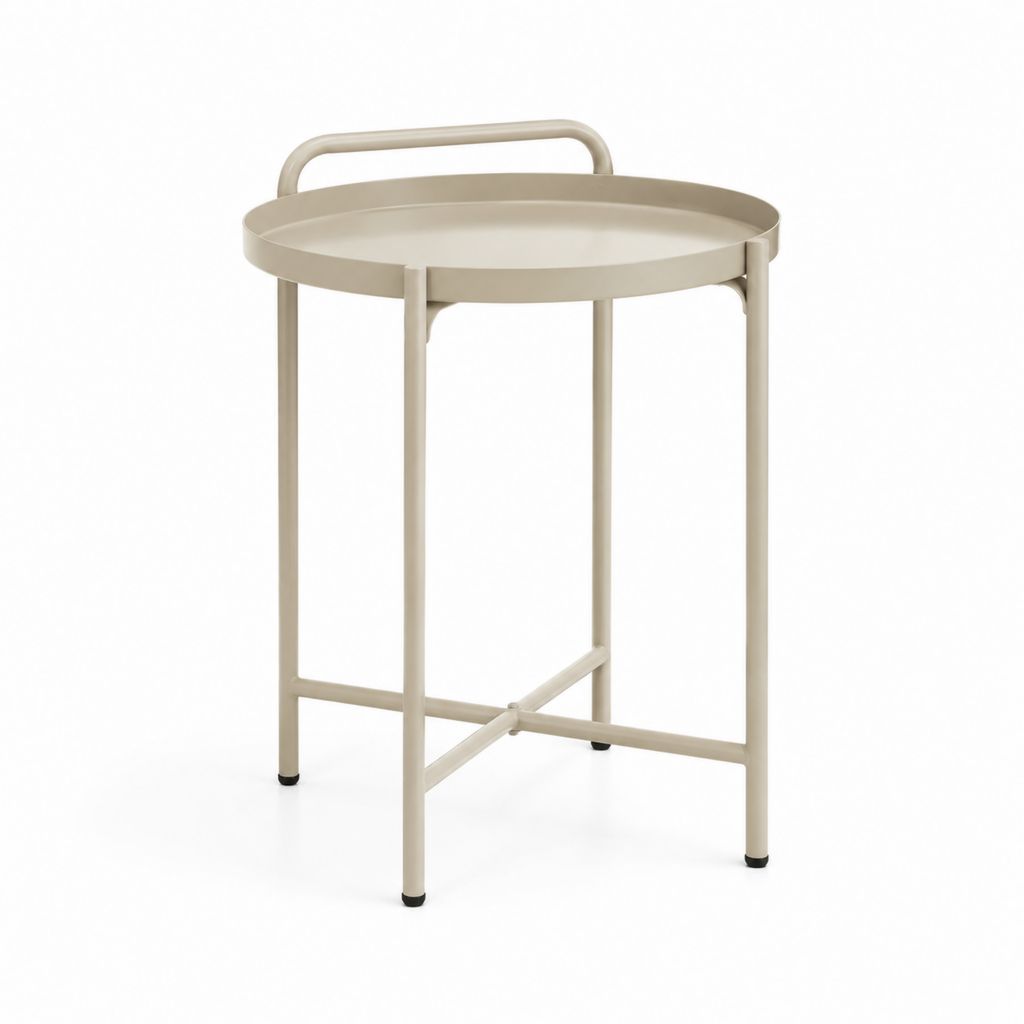 Tavolino laterale rotondo beige in acciaio con vassoio e maniglie Ø45 x 65 cm