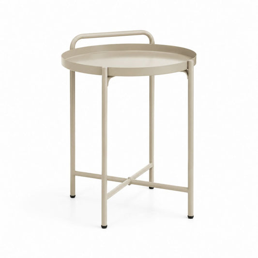 Tavolino laterale rotondo beige in acciaio con vassoio e maniglie Ø45 x 65 cm