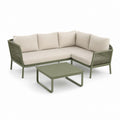 Set divano angolare da giardino con tavolino verde oliva ecrù in alluminio e corda PP 200 x 140 x 75 cm