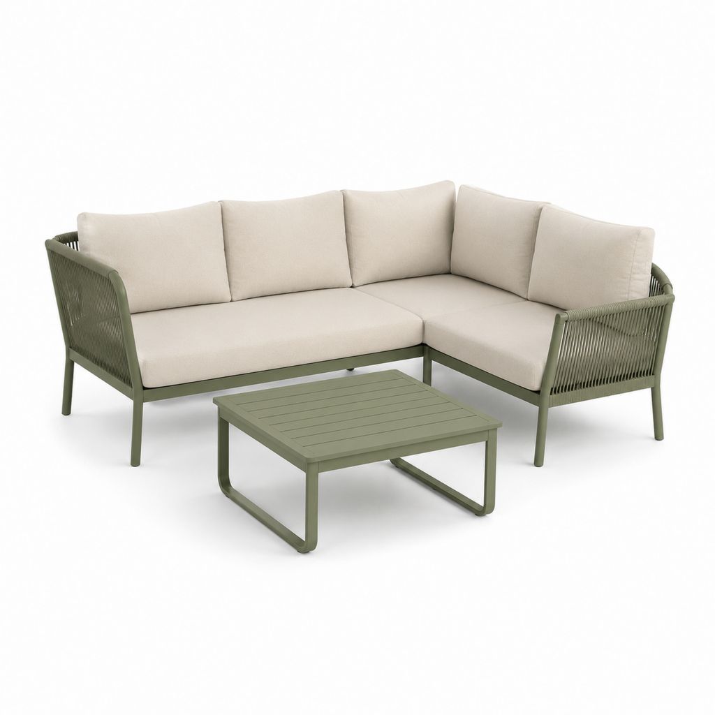 Set divano angolare da giardino con tavolino verde oliva ecrù in alluminio e corda PP 200 x 140 x 75 cm