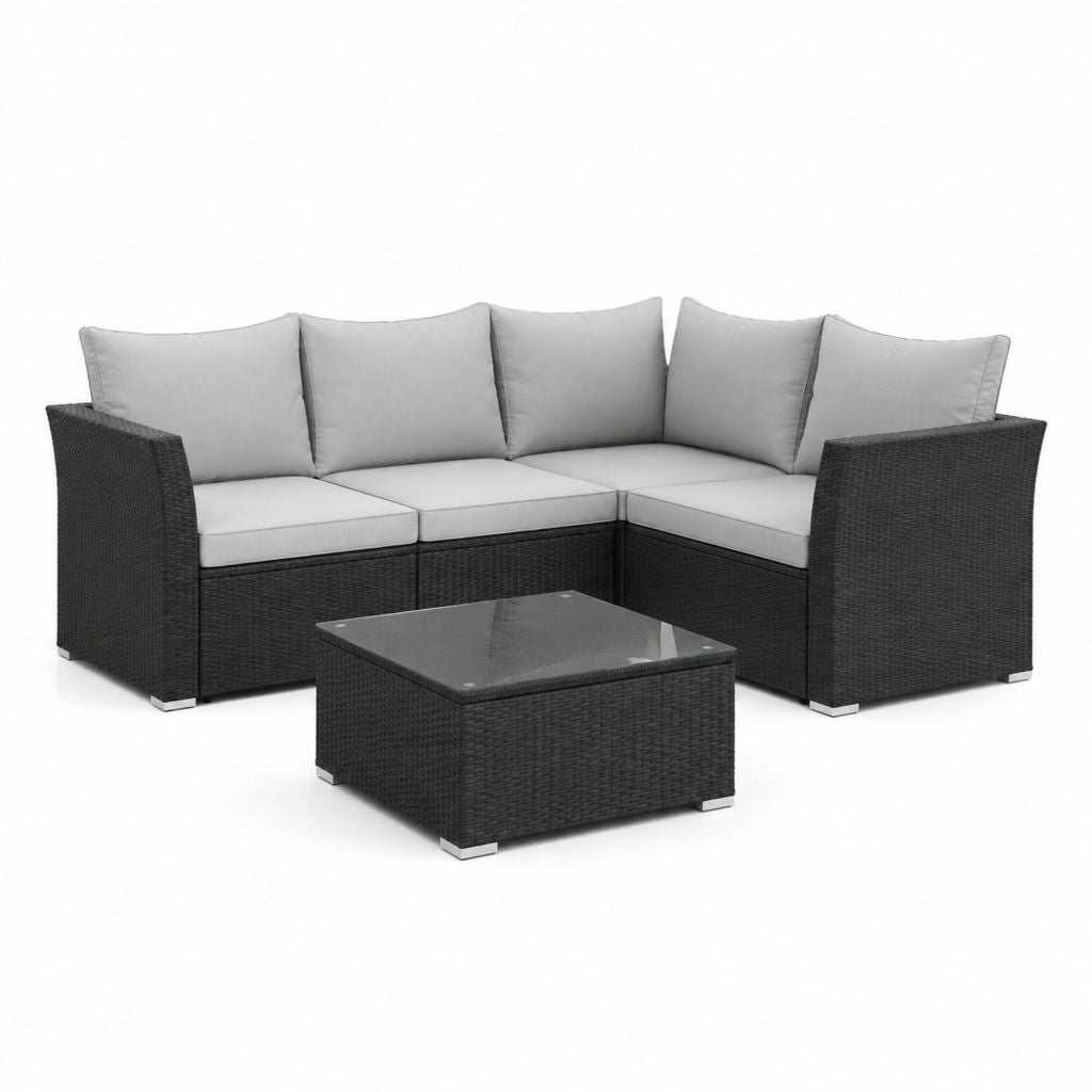 Set divano da giardino angolare nero in rattan PE con cuscini grigi e tavolino 192 x 192 x 63 cm