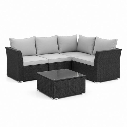 Set divano da giardino angolare nero in rattan PE con cuscini grigi e tavolino 192 x 192 x 63 cm