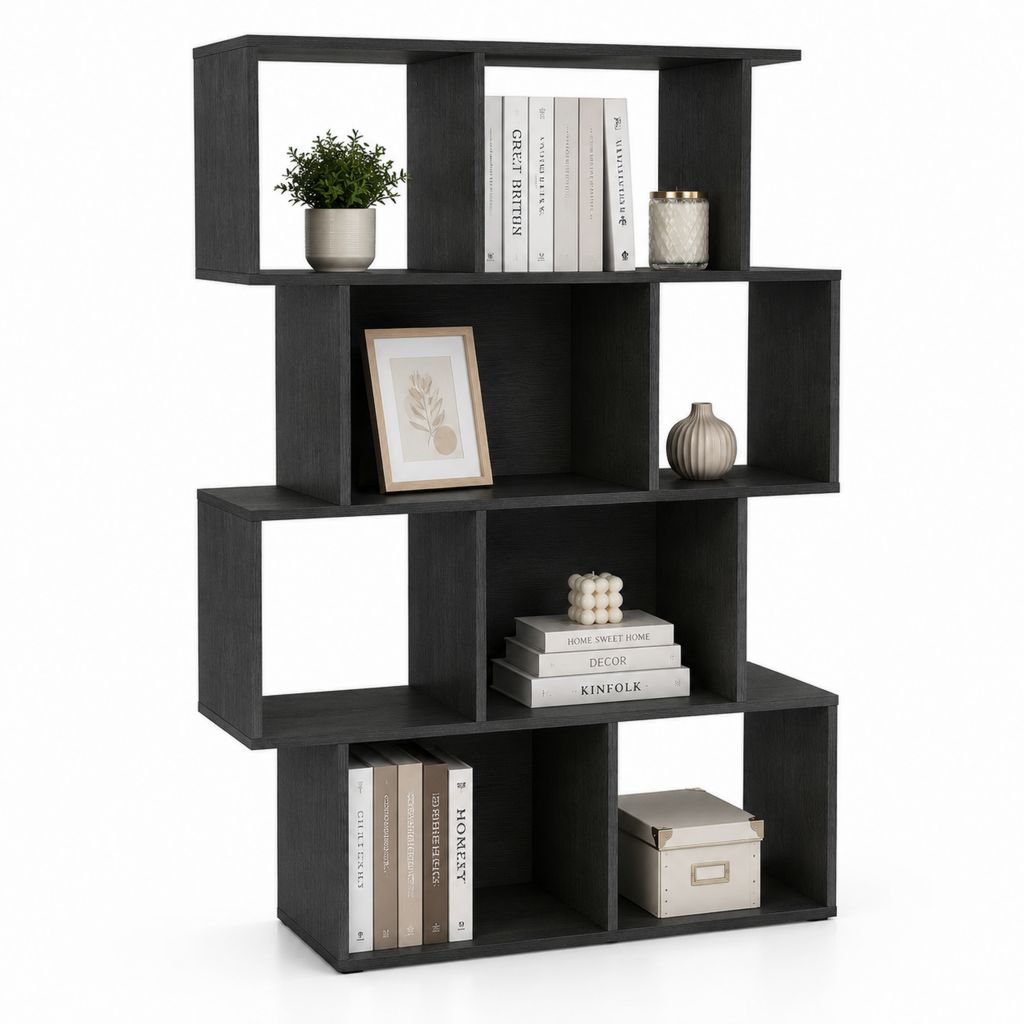 Libreria a scala nera in MDF effetto rovere con 10 vani 120 x 24 x 120 cm