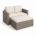 Divano da giardino 2 posti con pouf grigio tortora in rattan PE rettangolare 130 x 75 x 80 cm e 110 x 60 x 42 cm