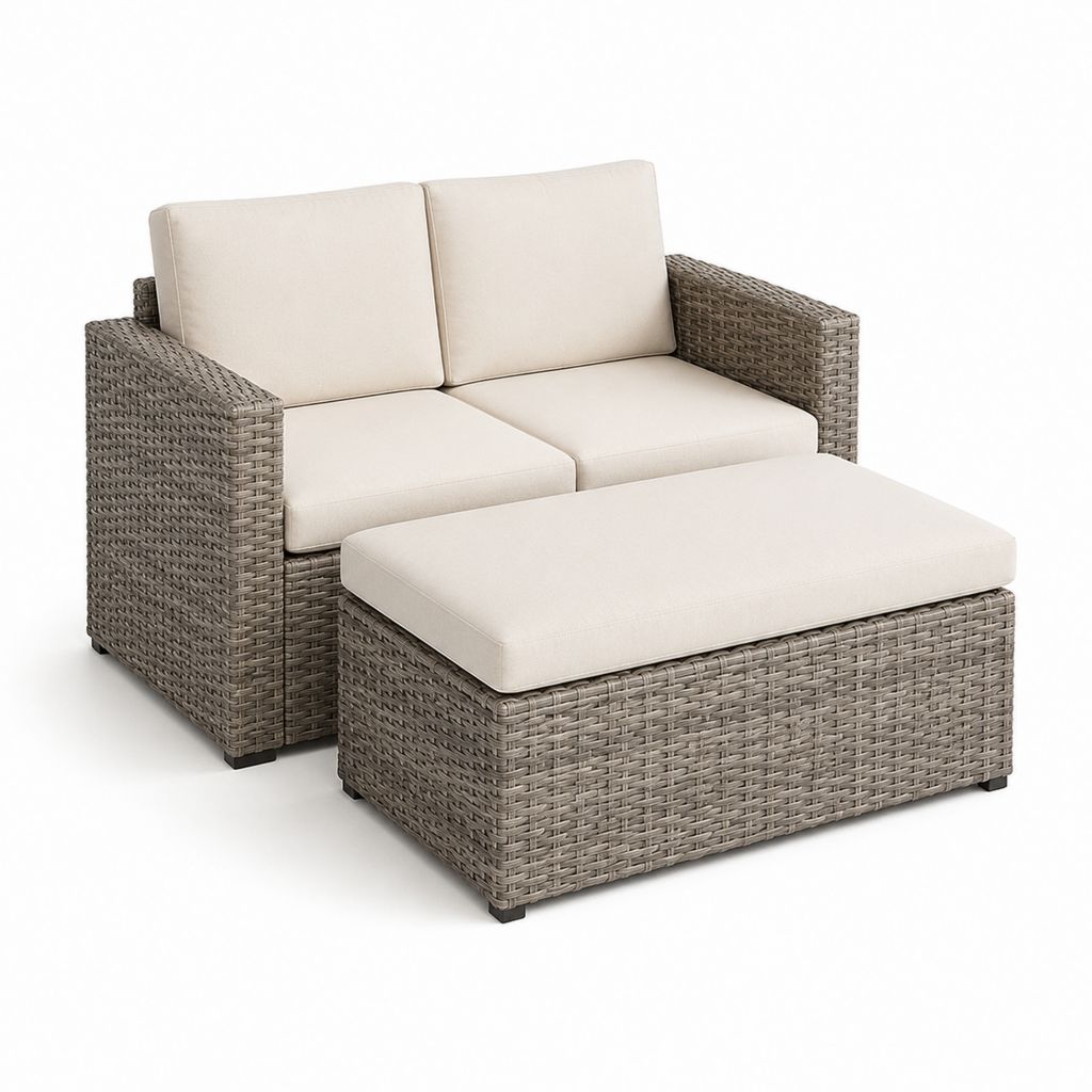 Divano da giardino 2 posti con pouf grigio tortora in rattan PE rettangolare 130 x 75 x 80 cm e 110 x 60 x 42 cm