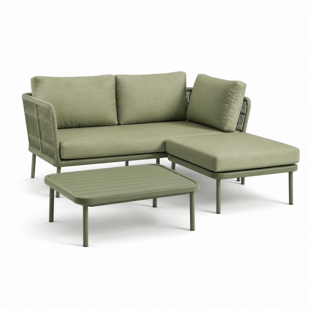 Set divano da giardino angolare con tavolino verde in acciaio e corda PP 200 x 140 x 76 cm